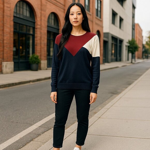 Sandro Paris Merino Wool Sweater Blue Women's Large Long Sleeve Round Neck 3 - Picture 2 of 5